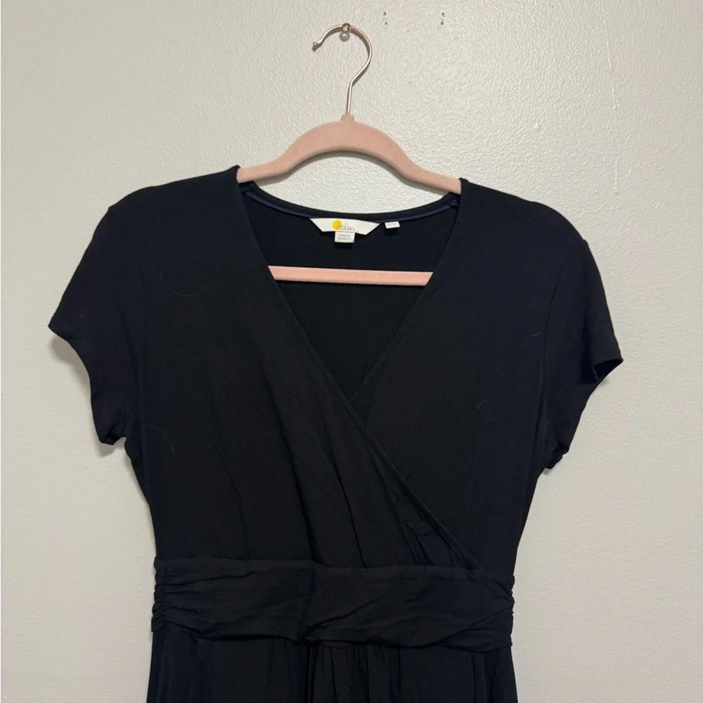 Boden Lola Dress Jersey Faux Wrap Knee Length Pockets Pleated Black - Picture 3 of 8